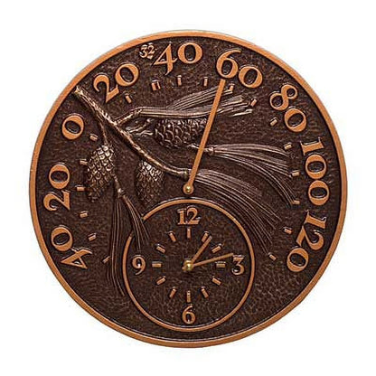 Whitehall Pinecone Thermometer & Clock, Antique Copper, 14"