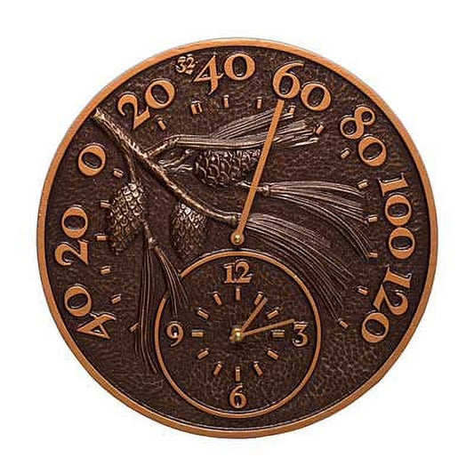 Whitehall Pinecone Thermometer & Clock, Antique Copper, 14"