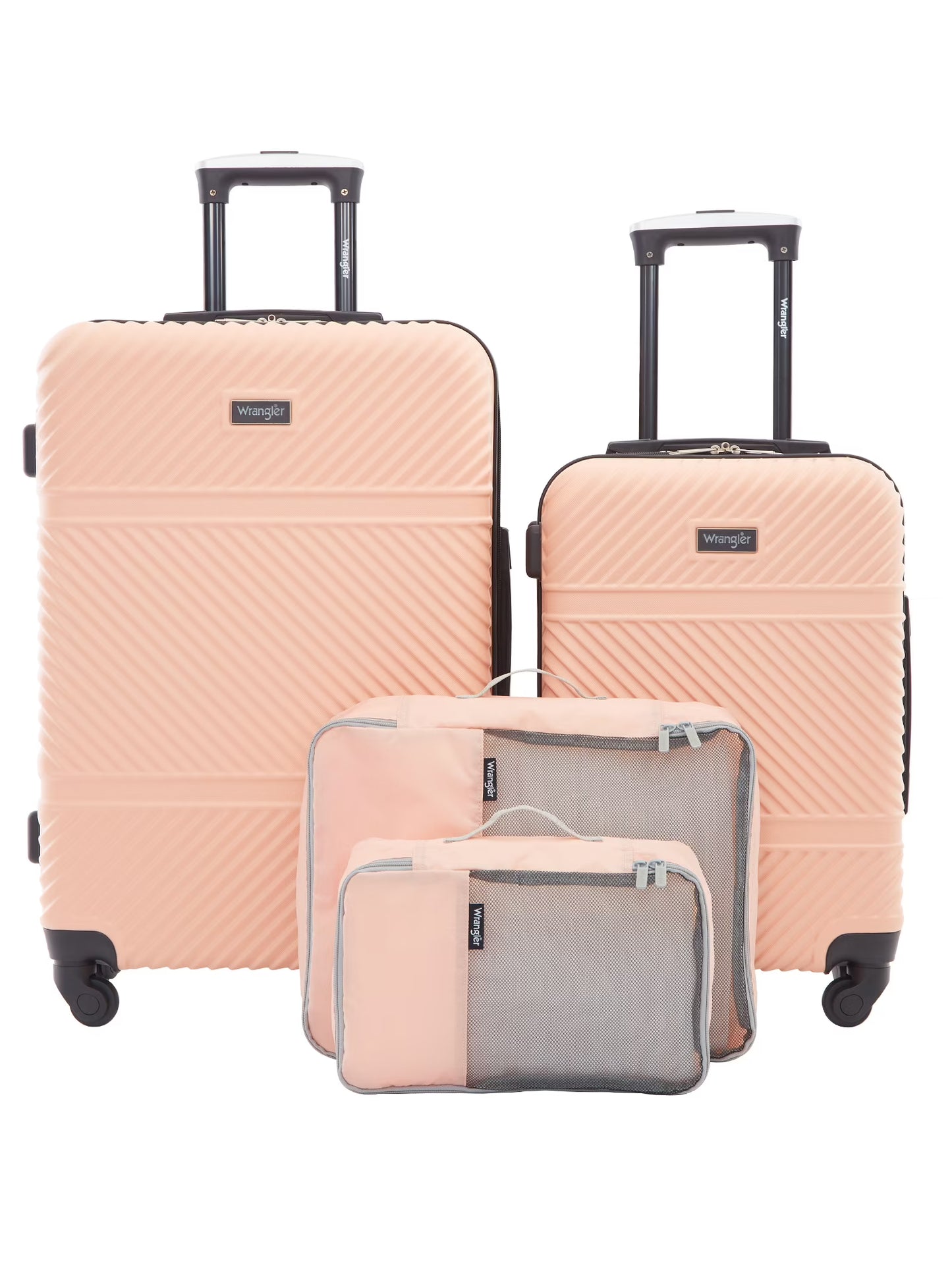Wrangler 4 Pc Hardside Spinner Luggage Set with 20" & 25" Suitcases and Packing Cubes, Black