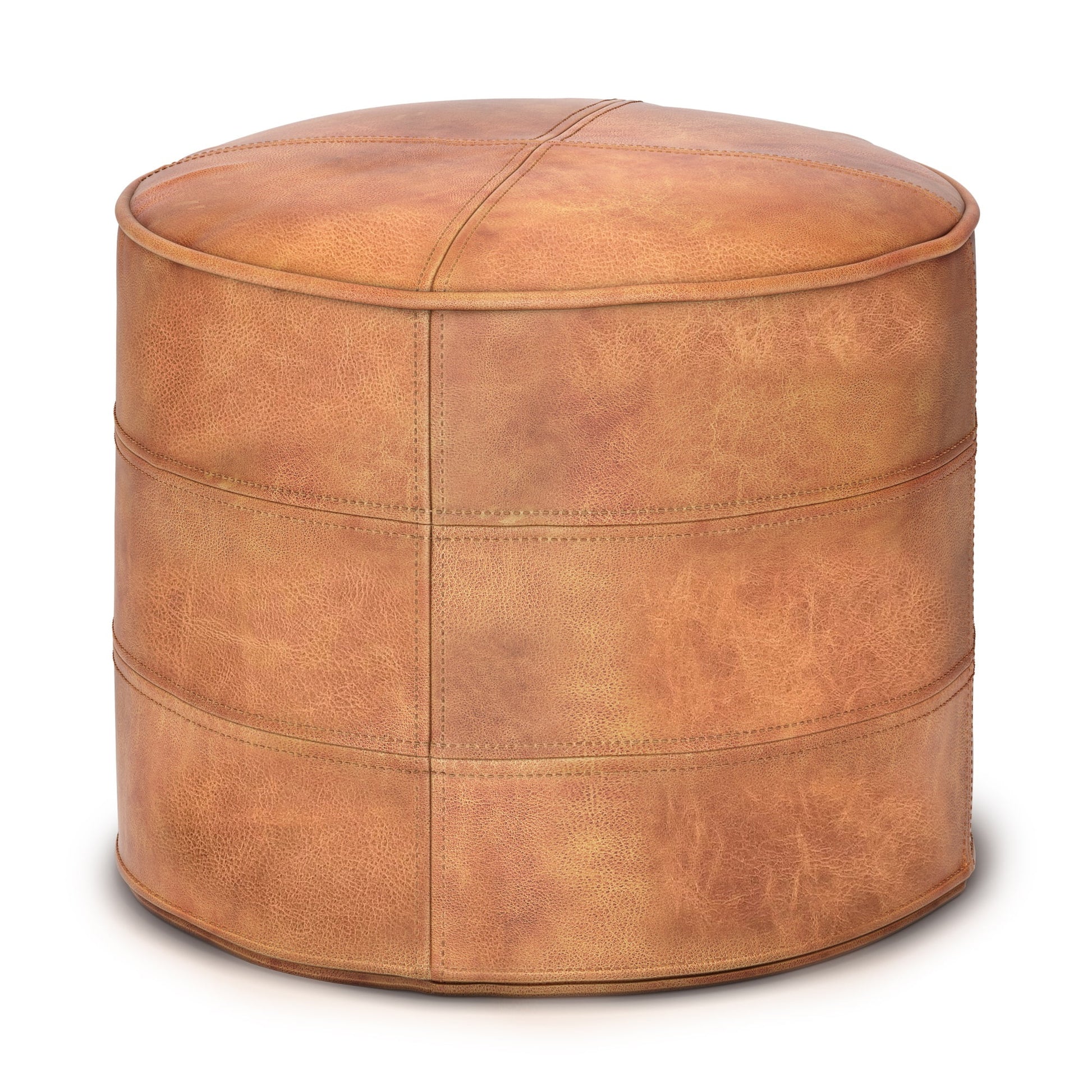 Simpli Home Connor Boho Round Pouf in Navy Blue Genuine Leather