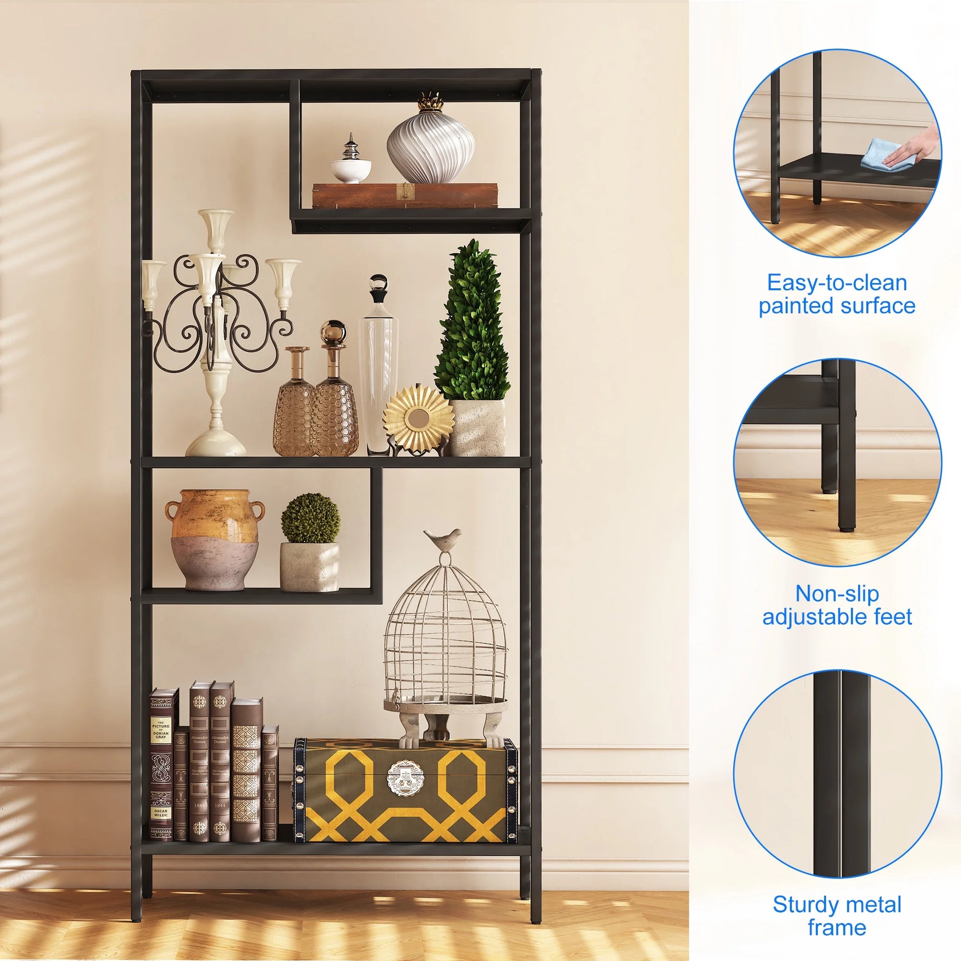 Modern Storage Shelf with 4 Compartments & Metal Legs, Freestanding Organizer,Book Shelves Display Shelves for Living Room, Bedroom, Home Office