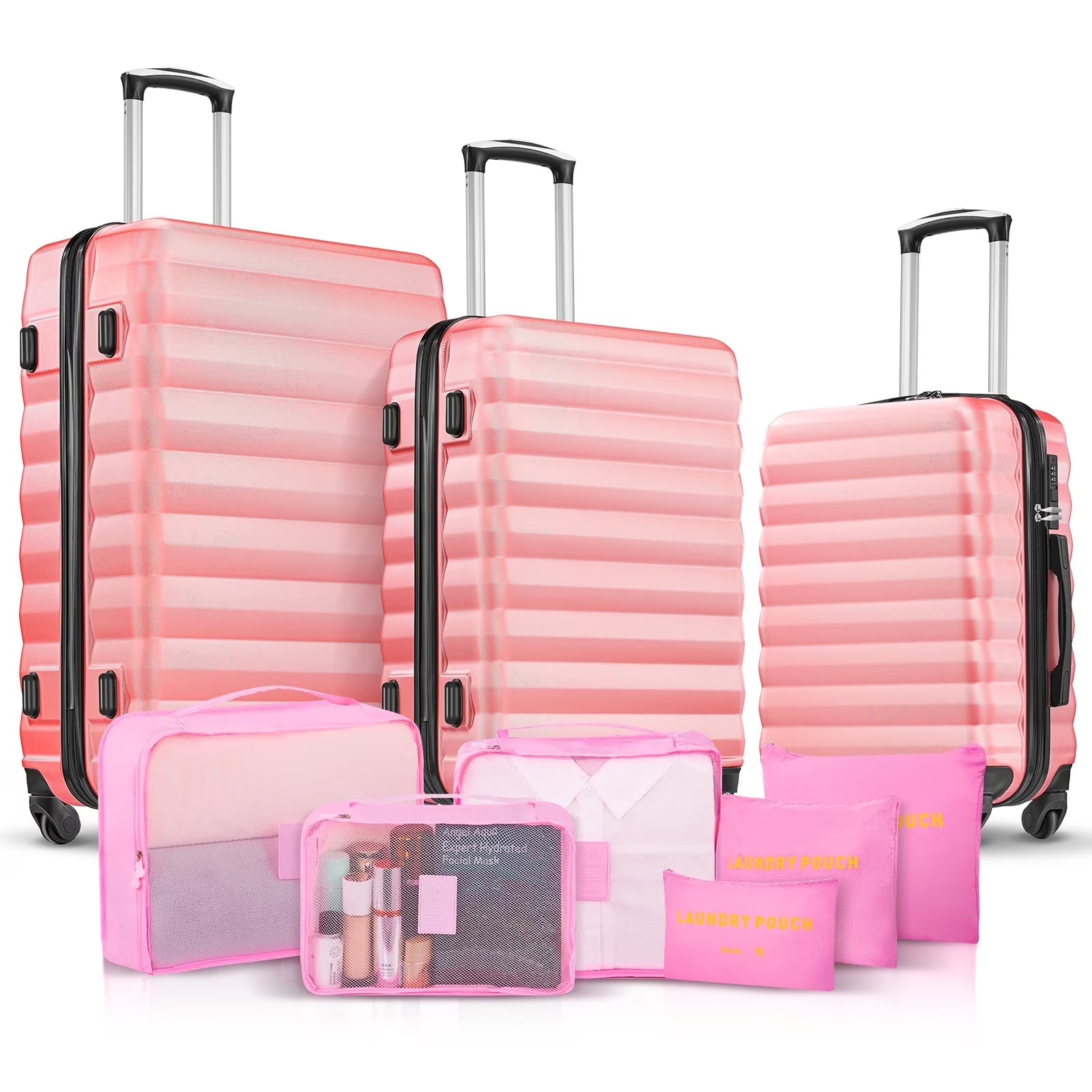9 Piece Luggage Sets, Hard 20 24 28 inch Luggage with 6 Pieces Organize Bags Travel Suitcases Sets with Wheels, Rose