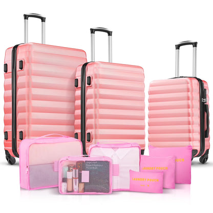 9 Piece Luggage Sets, Hard 20 24 28 inch Luggage with 6 Pieces Organize Bags Travel Suitcases Sets with Wheels, Rose
