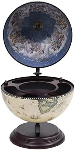 Green & Brown Tabletop Globe Wine Stand - Eucalyptus Wood with Antique Replica Frescoes and 16th Nautical Maps - Assembly Required