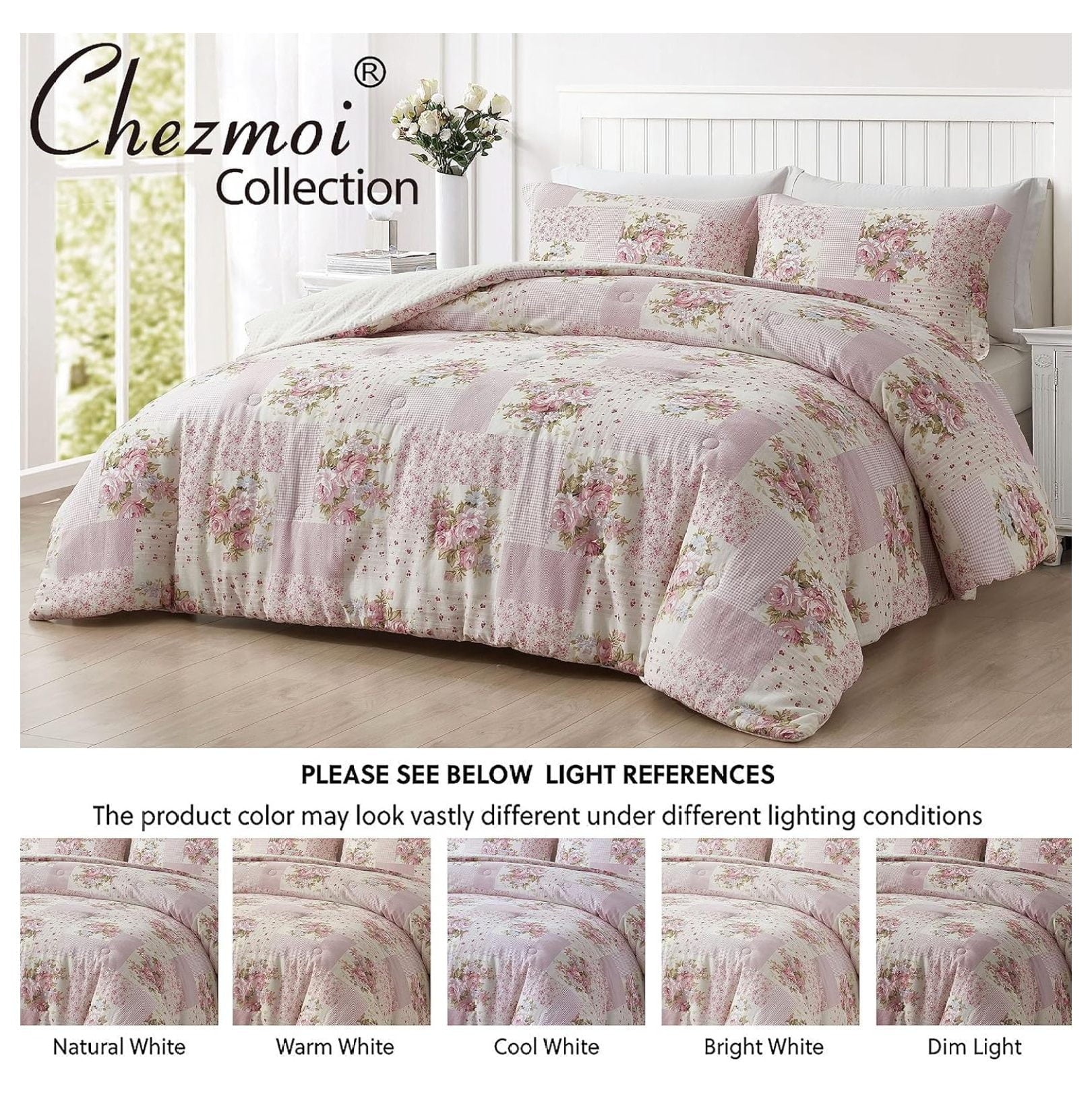 YOSITiuu Rosy 3-Piece Queen Size Washed Cotton Comforter Set - Floral Bedding Set Ivory Green Flower Polka Dot Printed Patchwork Reversible Lightweight Comforter for All Season
