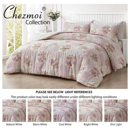 YOSITiuu Rosy 3-Piece Queen Size Washed Cotton Comforter Set - Floral Bedding Set Ivory Green Flower Polka Dot Printed Patchwork Reversible Lightweight Comforter for All Season
