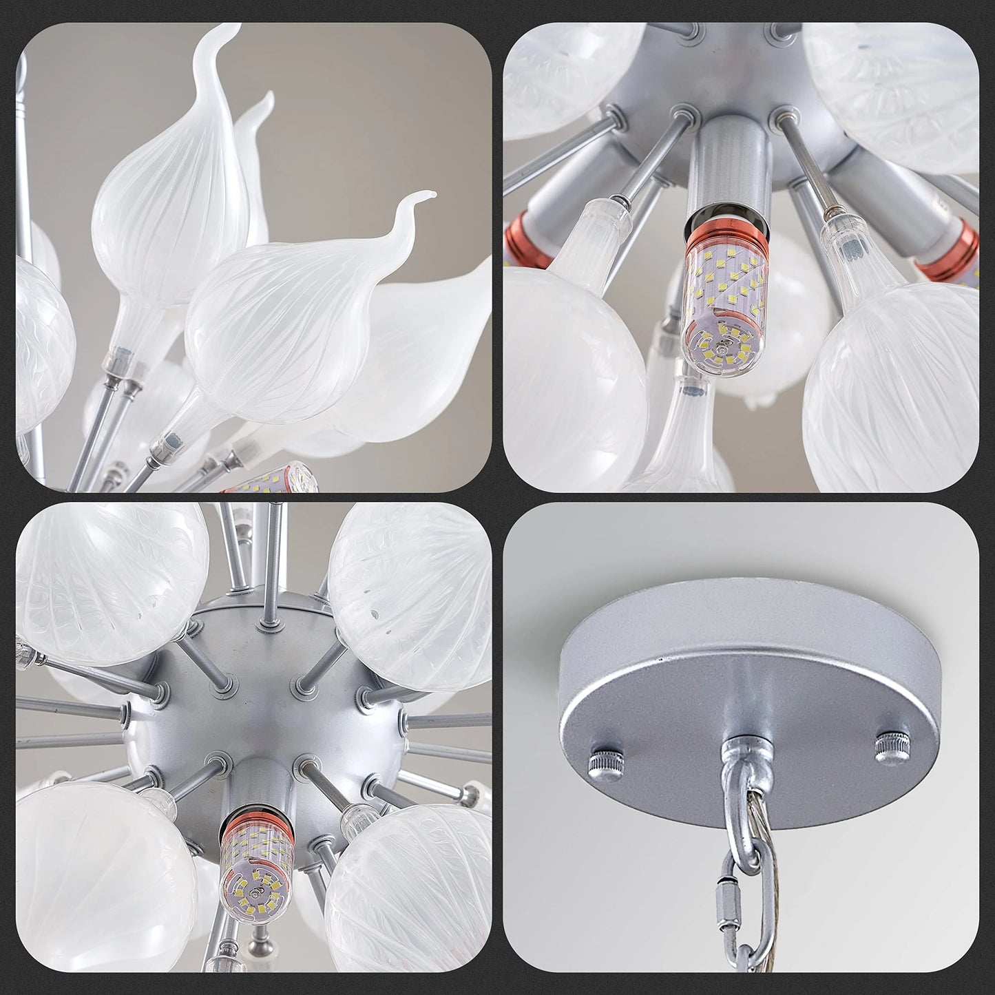 Longree 6-lights Plug in Hand Blown Glass Chandelier Modern Luxury White Flower Bud Glass Art Tall Ceiling Light Hanging Light Fixture for Kitchen, Bedroom, Dining Room, Living Room-LR1466