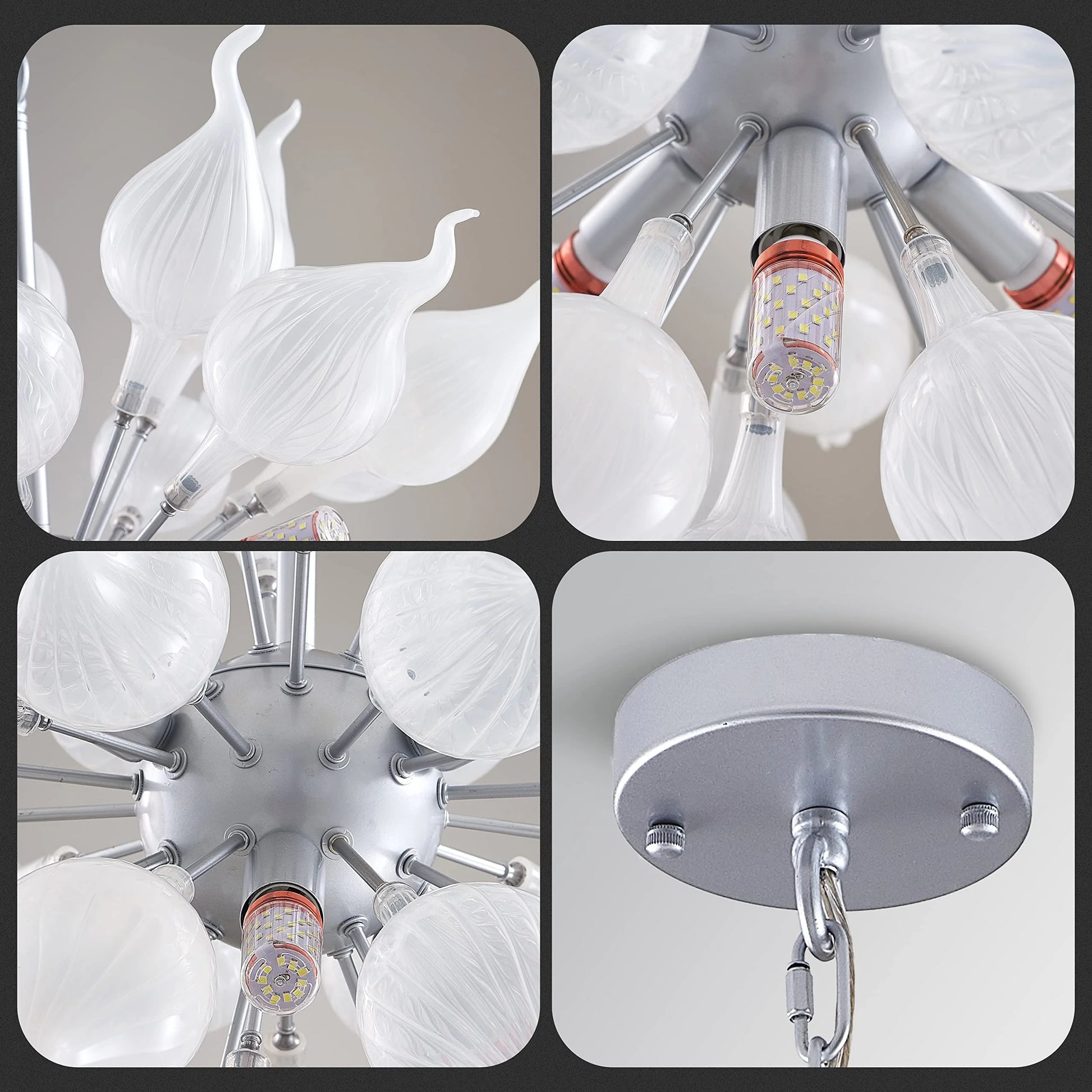 Longree 6-lights Plug in Hand Blown Glass Chandelier Modern Luxury White Flower Bud Glass Art Tall Ceiling Light Hanging Light Fixture for Kitchen, Bedroom, Dining Room, Living Room-LR1466