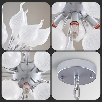 Longree 6-lights Plug in Hand Blown Glass Chandelier Modern Luxury White Flower Bud Glass Art Tall Ceiling Light Hanging Light Fixture for Kitchen, Bedroom, Dining Room, Living Room-LR1466