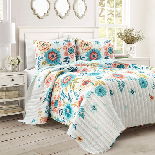Lush Decor Cottage Core Ariana Flower Reversible Oversized Quilt Blue/Dusty Pink 3Pc Set Full/Queen