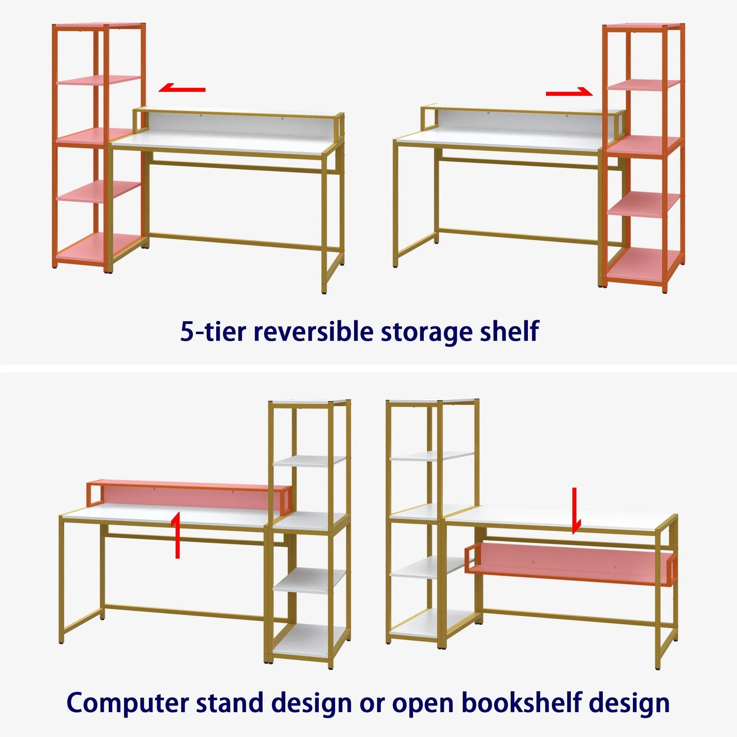 Yoneston 47" Office Computer Desk with 5 Tier Storage Shelves, Reversible Writing Desk Workstation with DIY Bookshelf and Tower Shelf for Home Office Corner Desk, White