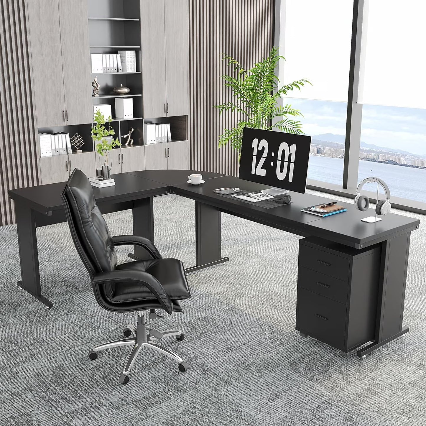 Tribesigns 83" L-Shaped Executive Desk, Large Office Desk with 3-Drawer Mobile File Cabinet, Industrial Corner Computer Desk with Storage Drawers for Home Office, Rustic Brown