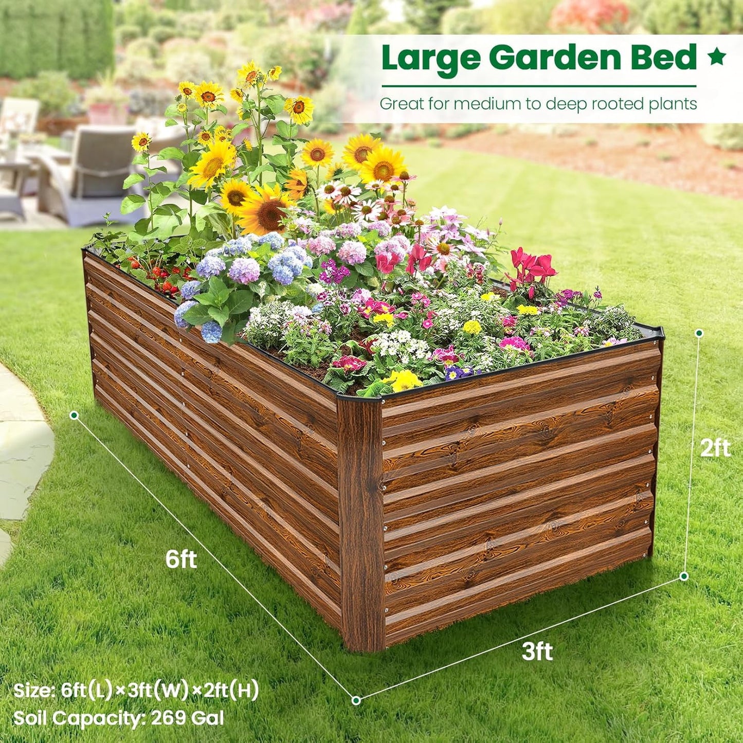 Raised Garden Bed Kit, Galvanized Planter Raised Garden Boxes Outdoor, Deep Root Raised Planter with Anti-Cutting Strip, Large Metal Raised Garden Bed for Vegetables, Flowers, Herbs