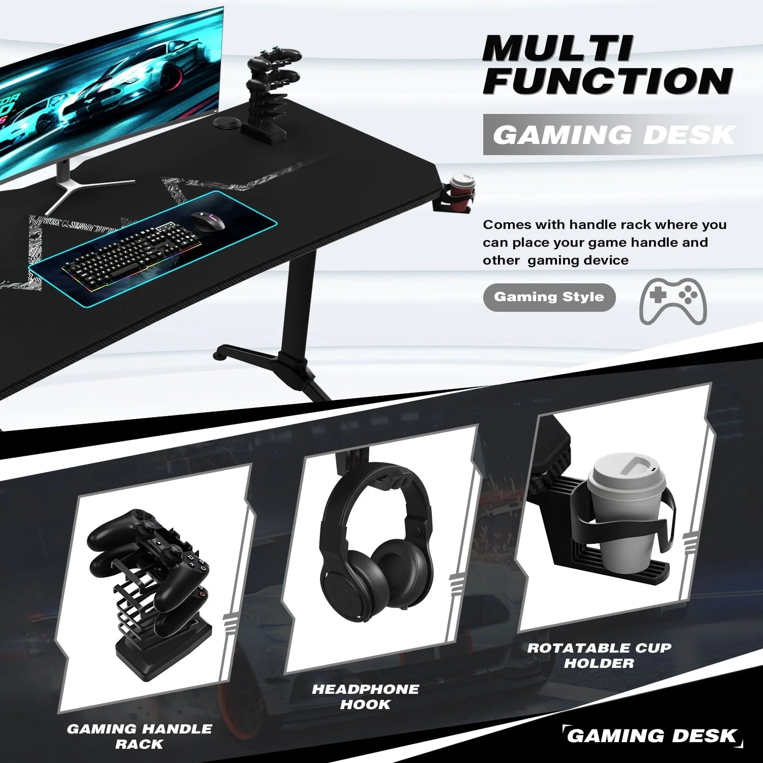 Homall 55 Inch Gaming Desk Y-Shaped PC Computer Gaming Office Desk with Mouse Pad Home Office Study Carbon Fiber Surface Gamer Workstation With Cup Holder and Headphone Hook, Black