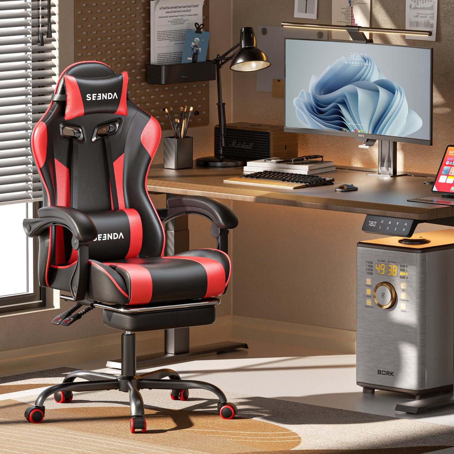 Gaming Chair, Seenda Computer Office Chair, Linkage Armrests and Footrest, High Back Ergonomic Home Office Desk Chair with Lumbar Support Task Chair, Red