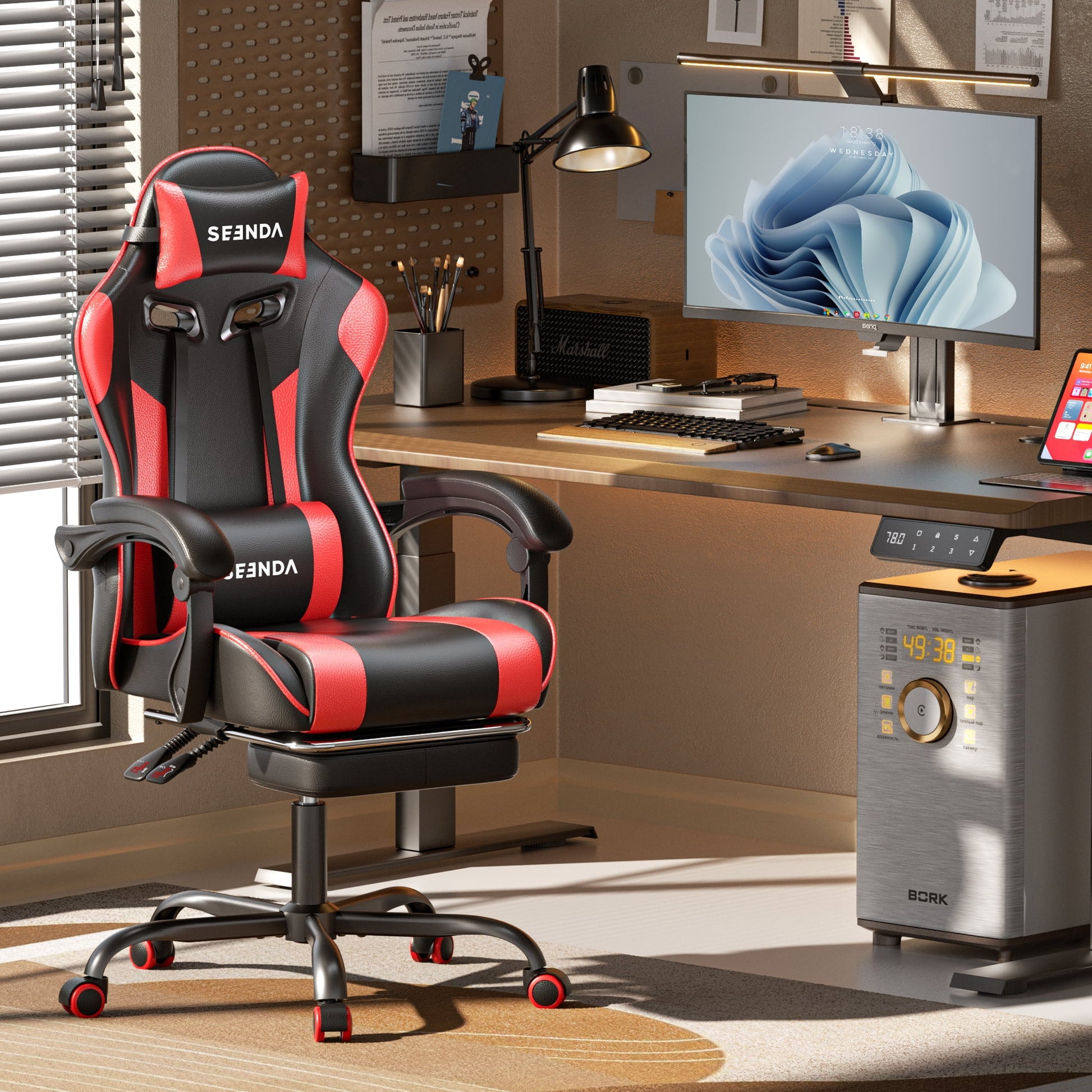 Gaming Chair, Seenda Computer Office Chair, Linkage Armrests and Footrest, High Back Ergonomic Home Office Desk Chair with Lumbar Support Task Chair, Red