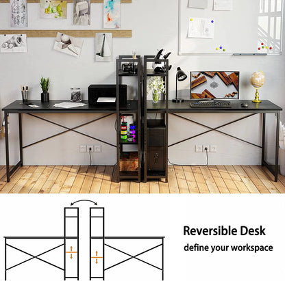 IRONCK Home Office Computer Desk 55" with Power Outlet & Storage Shelves, Study Writing Table Black