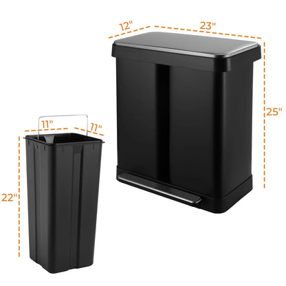 Arlopu 16 Gallon/60L Dual Trash Can, Stainless Steel Kitchen Garbage Can with Soft-Close Lid, Home Office Classified Recycle Bin