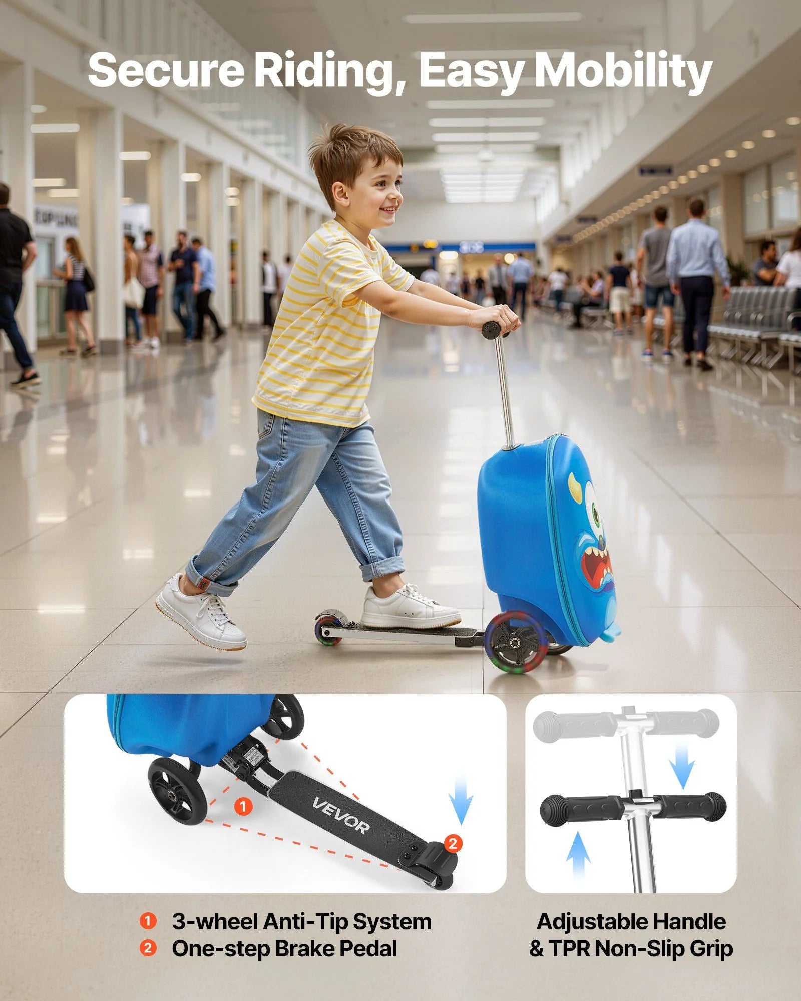 VEVOR Ride-on Luggage 20-inch Kids Scooter Suitcase with Flash Wheels Blue