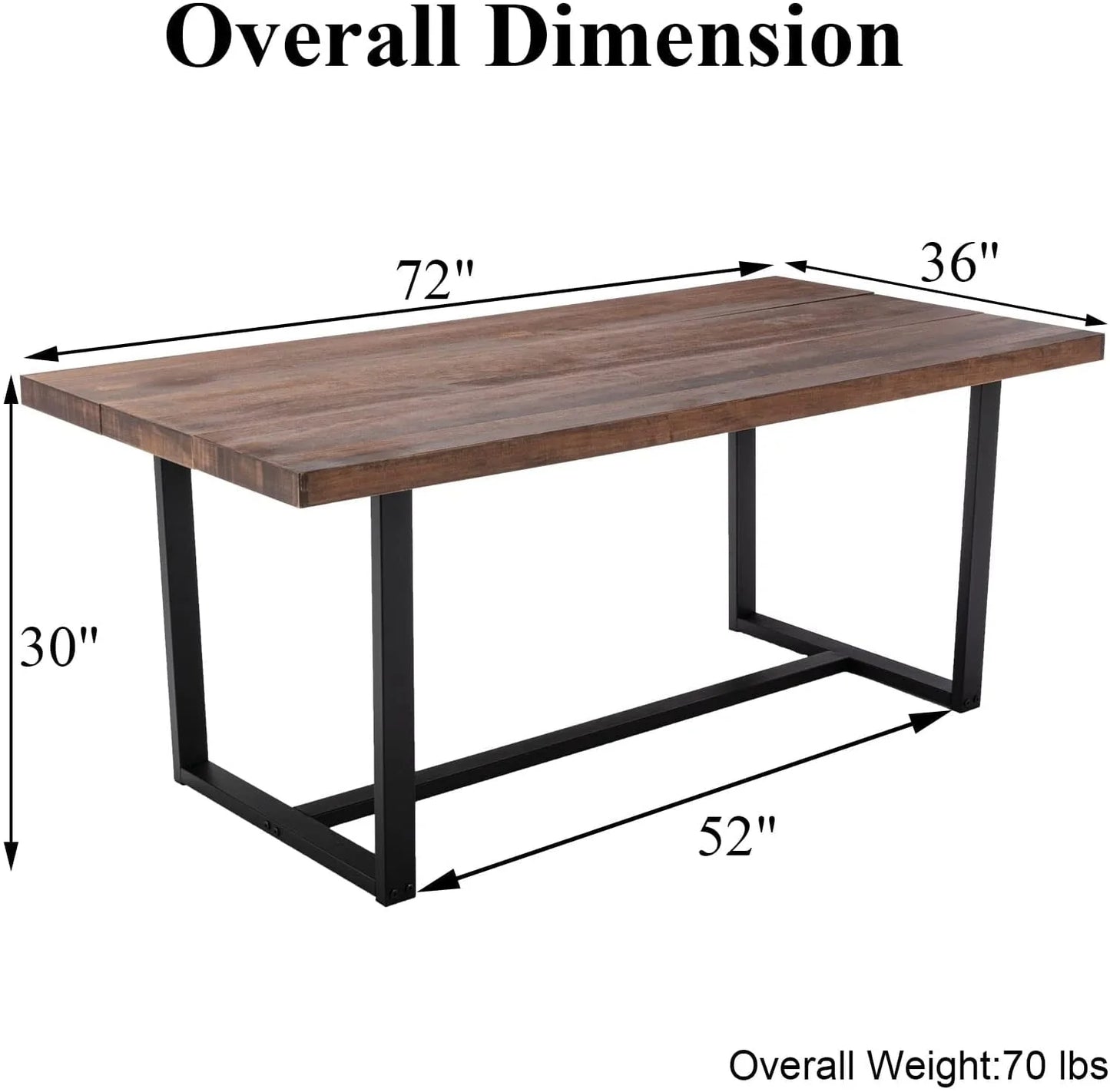 Yaoping 72" Rustic Farmhouse Solid Wood Dining Table with Metal Frame, Rectangular Kitchen and Dining Table for Home Office Furniture(Brown-72 in Dining Table)