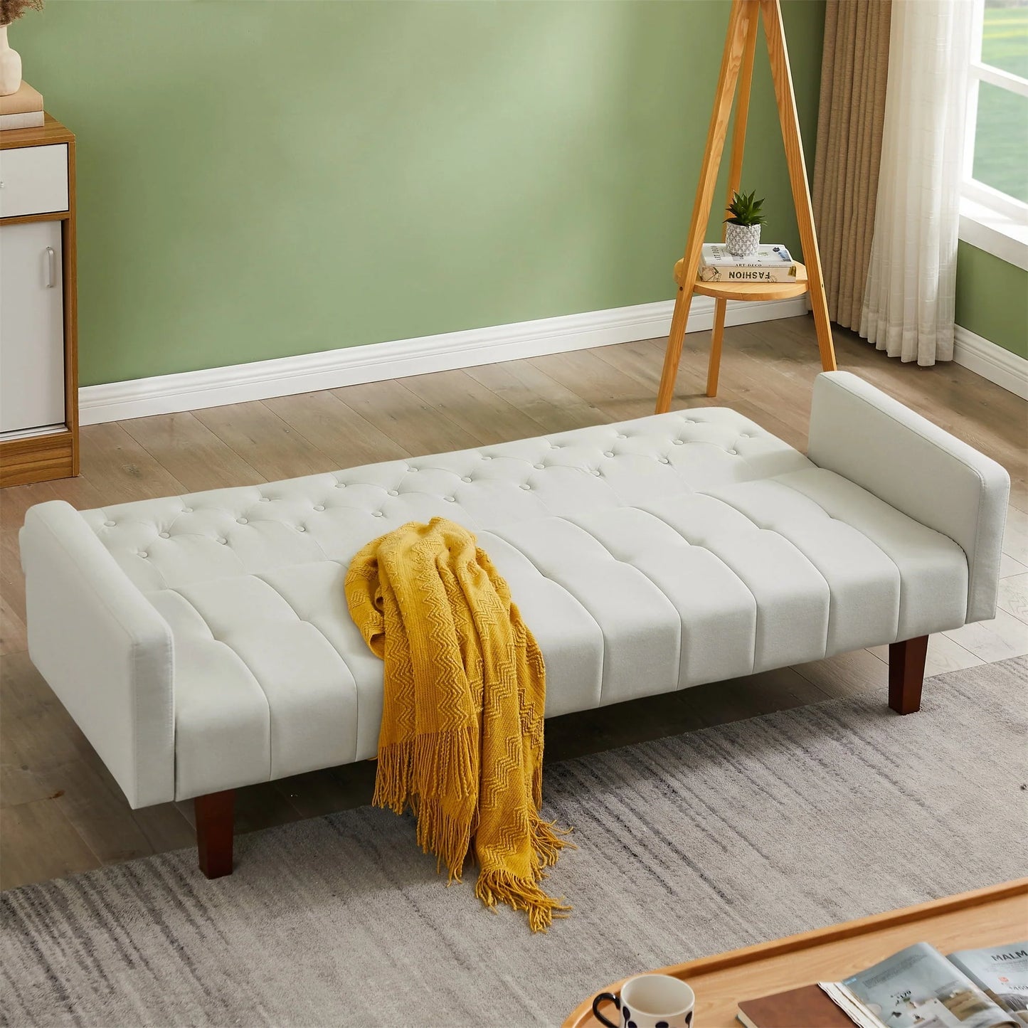 Aukfa 75" Square Arm Futon Convertible Sofa for Home Office, Button-Tufted Back, Beige
