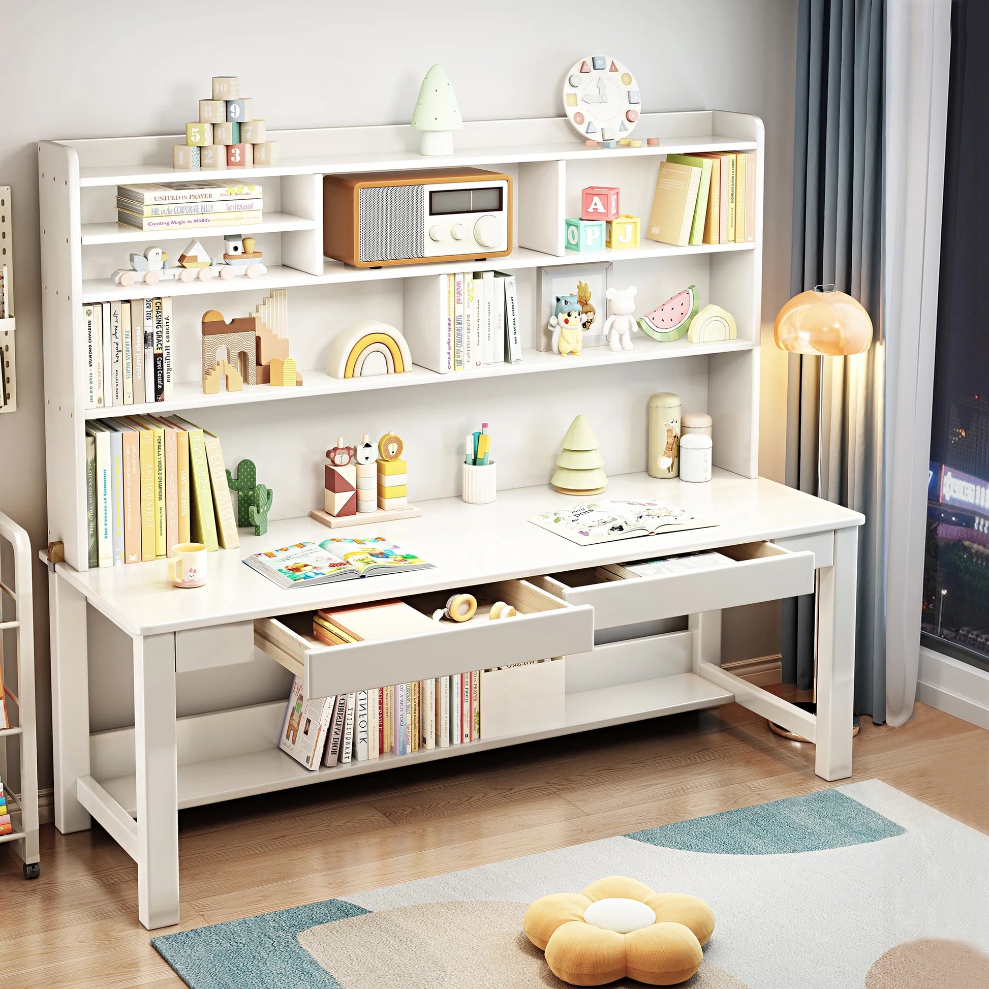 BALANBO Wooden Kids Desk Desk with Hutch for Children,Solid Wood Desk Two Positions Suitable for Two People, Suitable for Children's Study, Adult Home Office and Other Places(White)