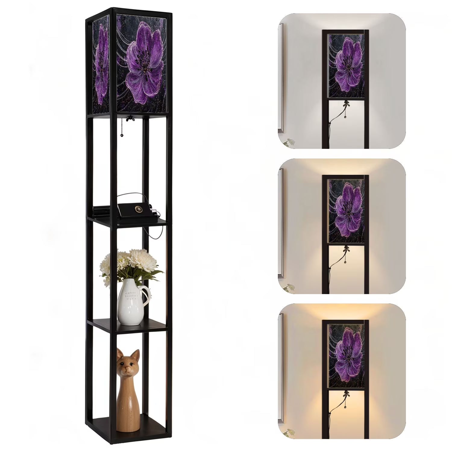 Floor Lamp with Shelves Corner Display Bookshelf Lamp for Living Room and Bedroom Purple Purple Wall Decor Purple Flower LED Modern Shelf Floor Lamp 3 Color Temperature