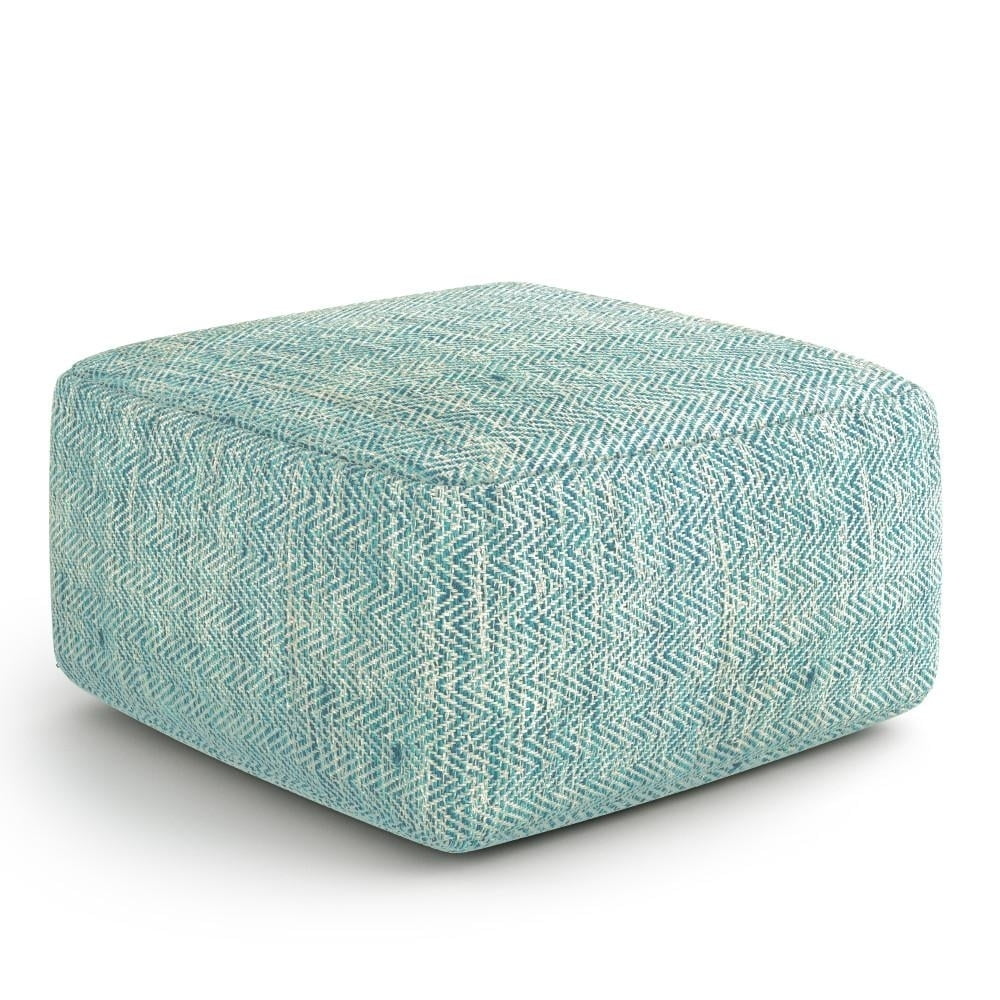 Simpli Home Nate 20 inch Wide Boho Square Pouf in Patterned Denim Mlange Cotton