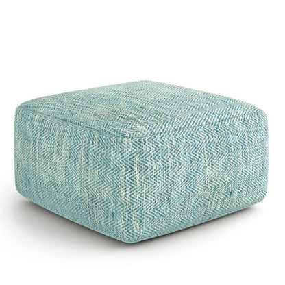 Simpli Home Nate 20 inch Wide Boho Square Pouf in Patterned Denim Mlange Cotton