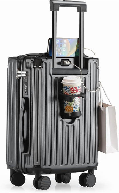 20 Inch Carry On Luggage With Cup Holder & USB Port, Airline Approved TSA-locked Luggage, Lightweight PC Material Travel Suitcase With 360° Spinner Wheel