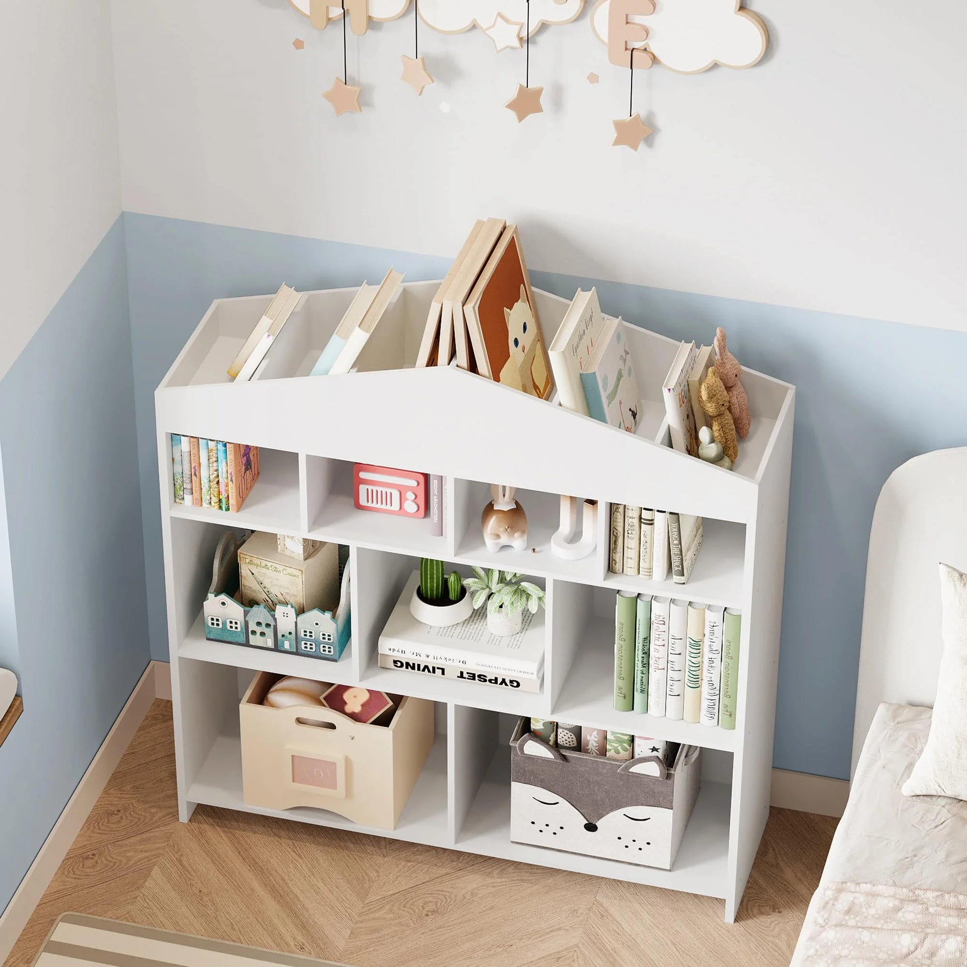 DSstyles Kids Bookshelf 9-Cubby Toy Storage Organizer White Bookcase Toddlers Playhouse Cabinet Shelf for Boys Girls Wooden Storage Toy Shelf for Playroom, Nursery, Kids Room