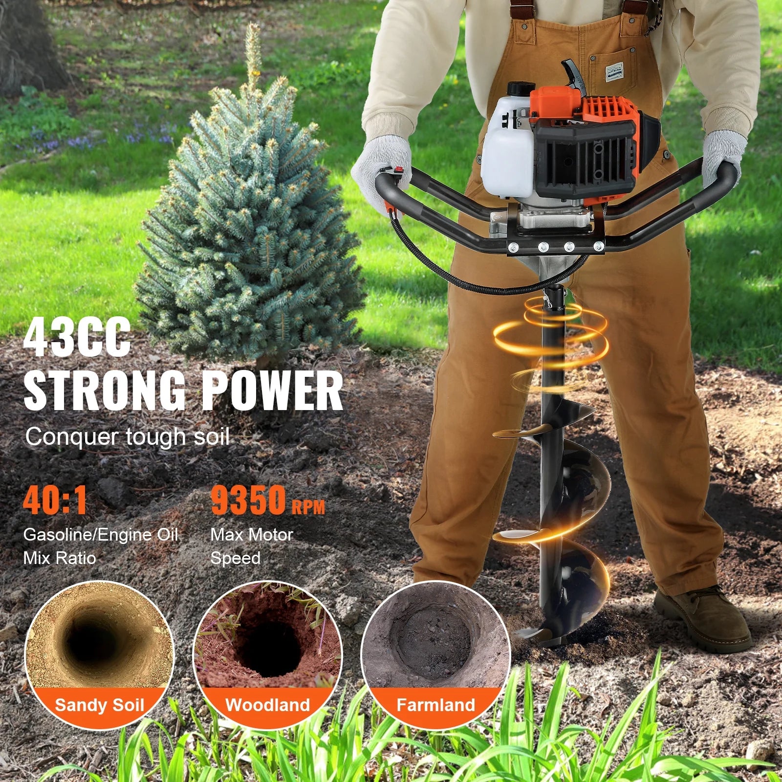 KFFKFF Earth Excavator, 43cc 1250W Soil Borer, Gas-Operated Ground Driller with 8" Soil Drilling Bit, 30-inch Long Alloy Steel Borer, Suitable for Agricultural Land, Gardens and Plants, EPA Certified