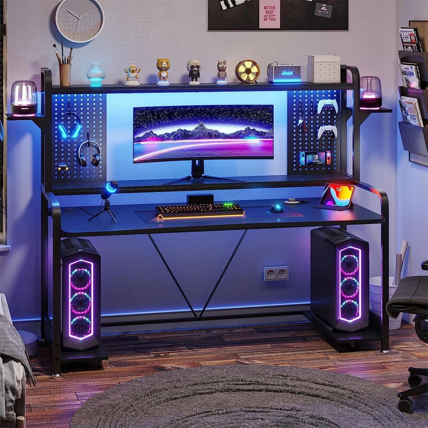 SEDETA Gaming Desk, 55" Computer Desk with Hutch and Shelves, LED Lights, Pegboard and Monitor Shelf, Large PC Gamer Desk Workstation for Home Office, Gaming Table for Bedroom, Black