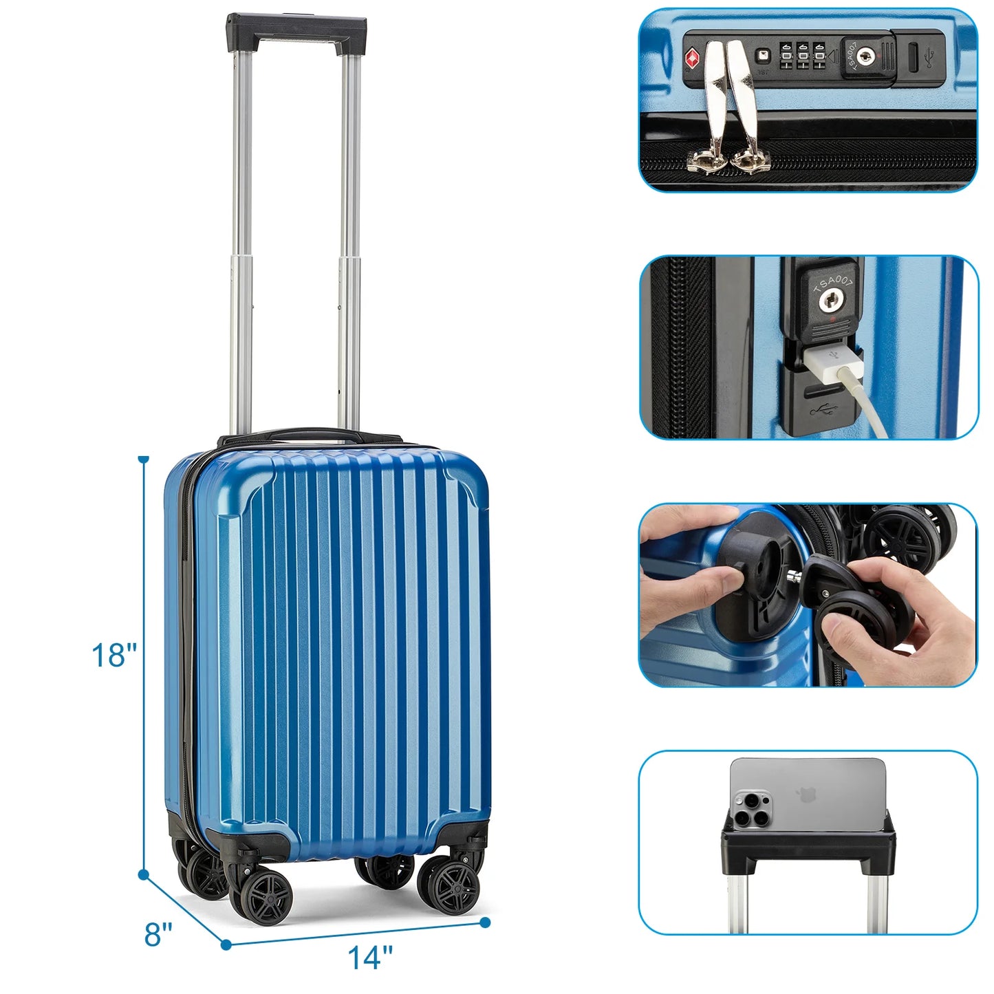 Personal Item Suitcase 18x14x8 Inches Hardside Built In TSA Lock & USB Port Lightweight Luggage With Removable Silent Wheels Underseat Carry-On Bag For Spirit and Frontier and More (Blue)