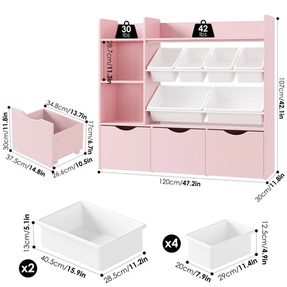 Homfa Kids Bookcase with 6 Storage Bins, Multi-Purpose Toy Organizers Bookshelf with 3 Drawers for Bedroom Nursery Playroom, White