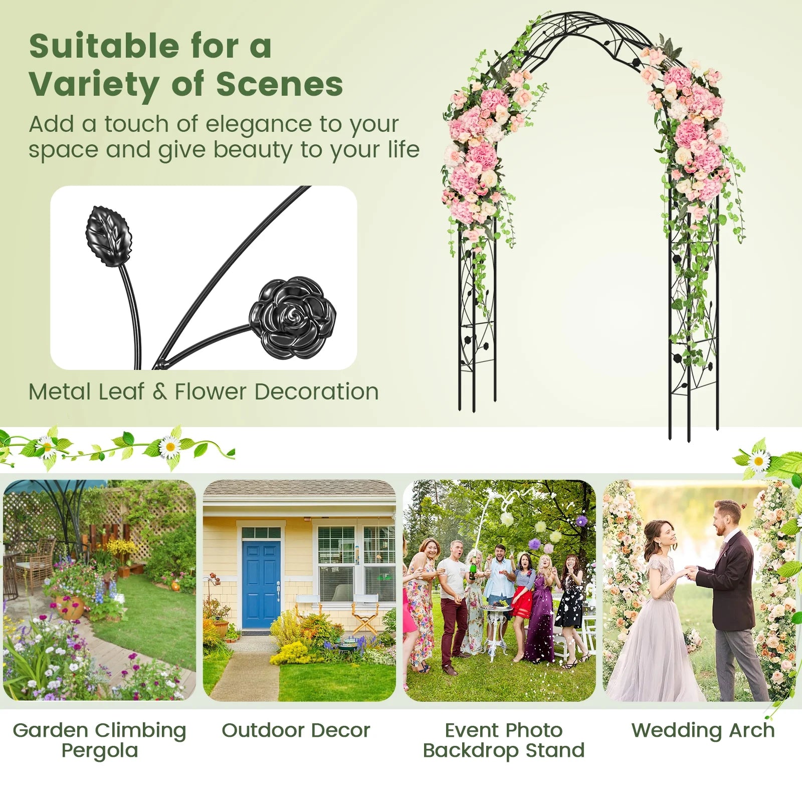 Topbuy Garden Arch Arbor Trellis, 2 Half Arches 99° Tall Metal Arbour Archway for Climbing Plants Roses Vines