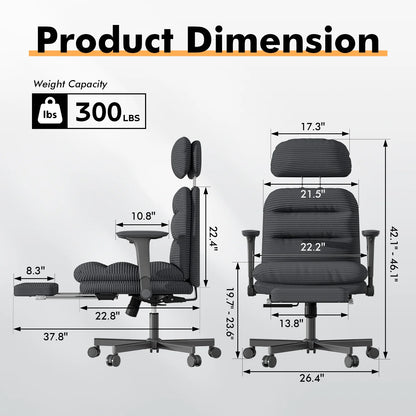 HomeZeer Ergonomic Cross-Legged Office Chair with Footrest & Headrest, Heavy Duty Executive Desk Chair with Flip-up Armrests, Corduroy Fabric Computer Criss Cross Chair for Home Office, Black