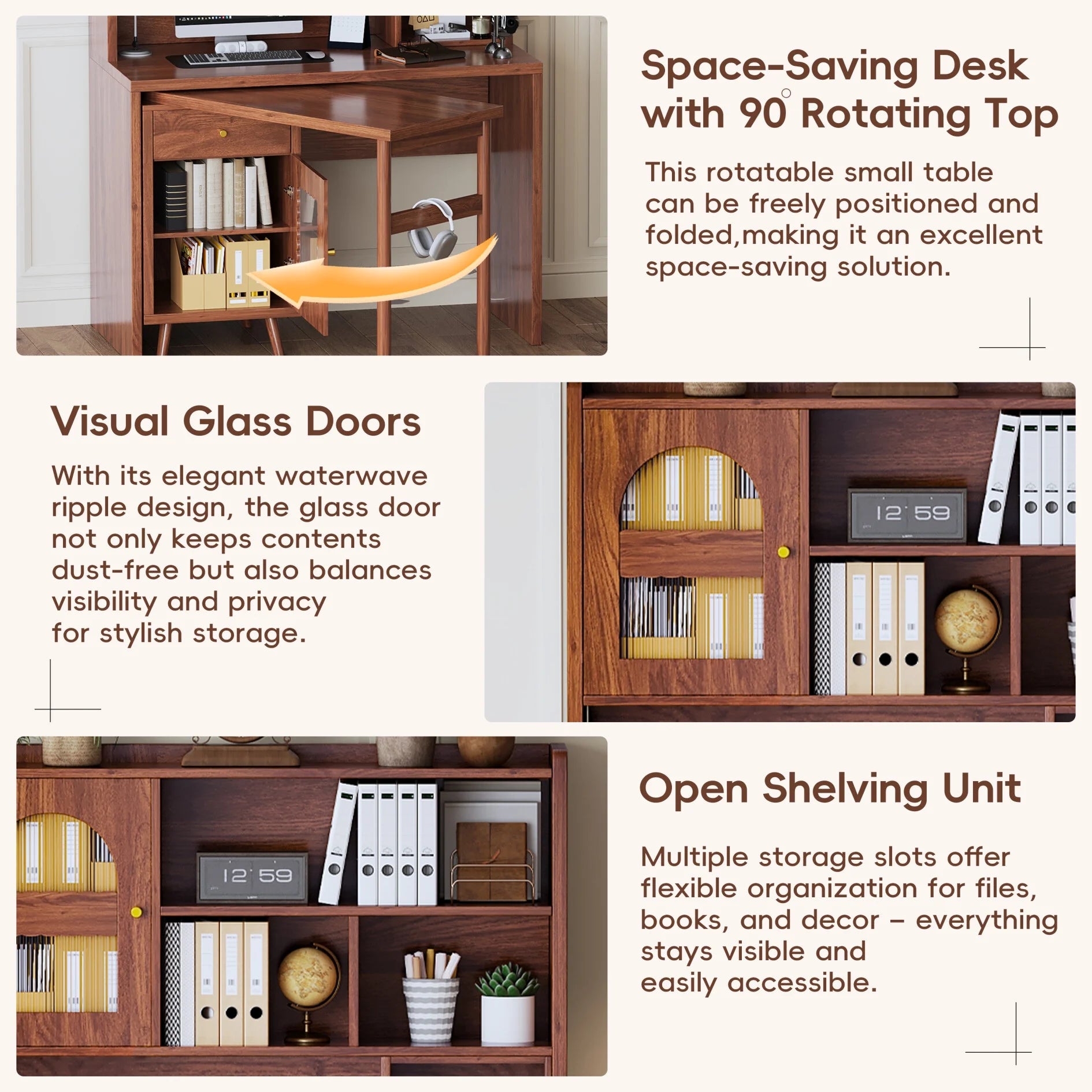43'' Computer Desk with 90 Degree Rotating Desktop, L-Shaped Home Office Desk with Hutch and Drawer, Writing Desk with Storage Cabinet and Glass Doors for Bedroom Living Room, Walnut