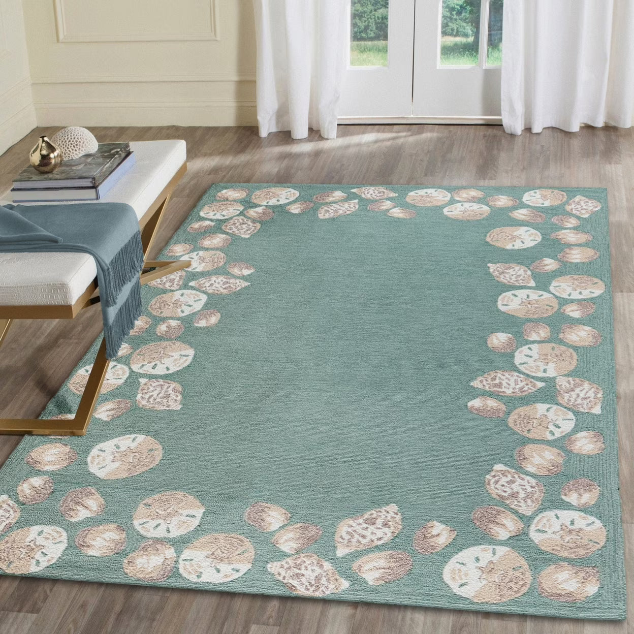 Liora Manne Capri Area Rug Aqua Seashell Border Indoor Outdoor Weather Resistant