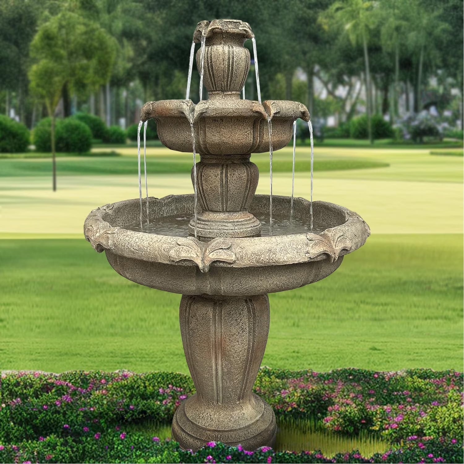 48°?H Outdoor Floor Water Fountain, 3-Tiers Concrete Water Fountain with Submersible Electric Pump - Garden Cascading Waterfall for Yard Patio Lawn Home Decor