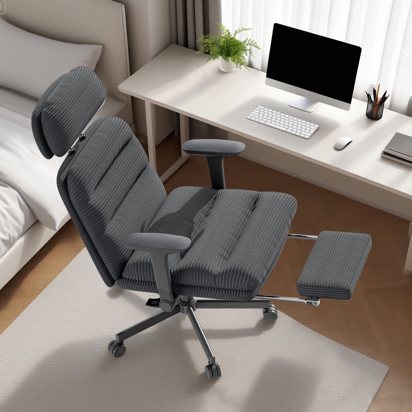 HomeZeer Ergonomic Cross-Legged Office Chair with Footrest & Headrest, Heavy Duty Executive Desk Chair with Flip-up Armrests, Corduroy Fabric Computer Criss Cross Chair for Home Office, Black