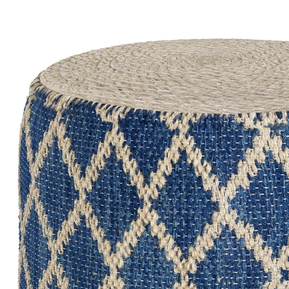Edgeley Boho Round Pouf in Classic Blue, Natural Woven Braided Jute