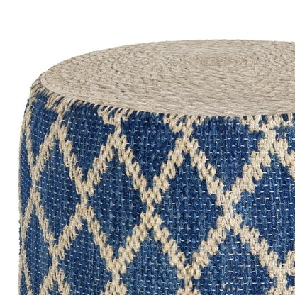 Edgeley Boho Round Pouf in Classic Blue, Natural Woven Braided Jute
