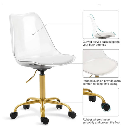 saney Clear Rolling Chair, Armless Desk Chair with Golden Feet Swivel Molded Plastic Shell Adjustable Home Office Chair with Wheels, Clear