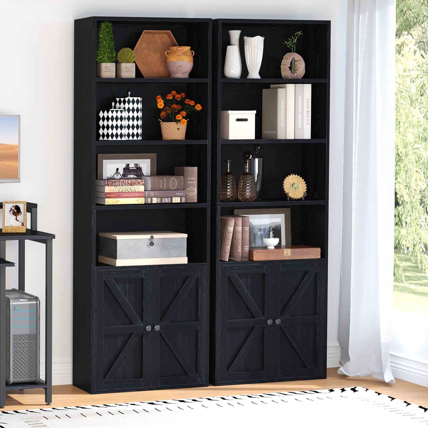 Easoger 6 Tier Bookcase Set of 2, Bookshelves with Barn Cabinet Doors, Floor Bookshelves for Home Office, Living Room, Black
