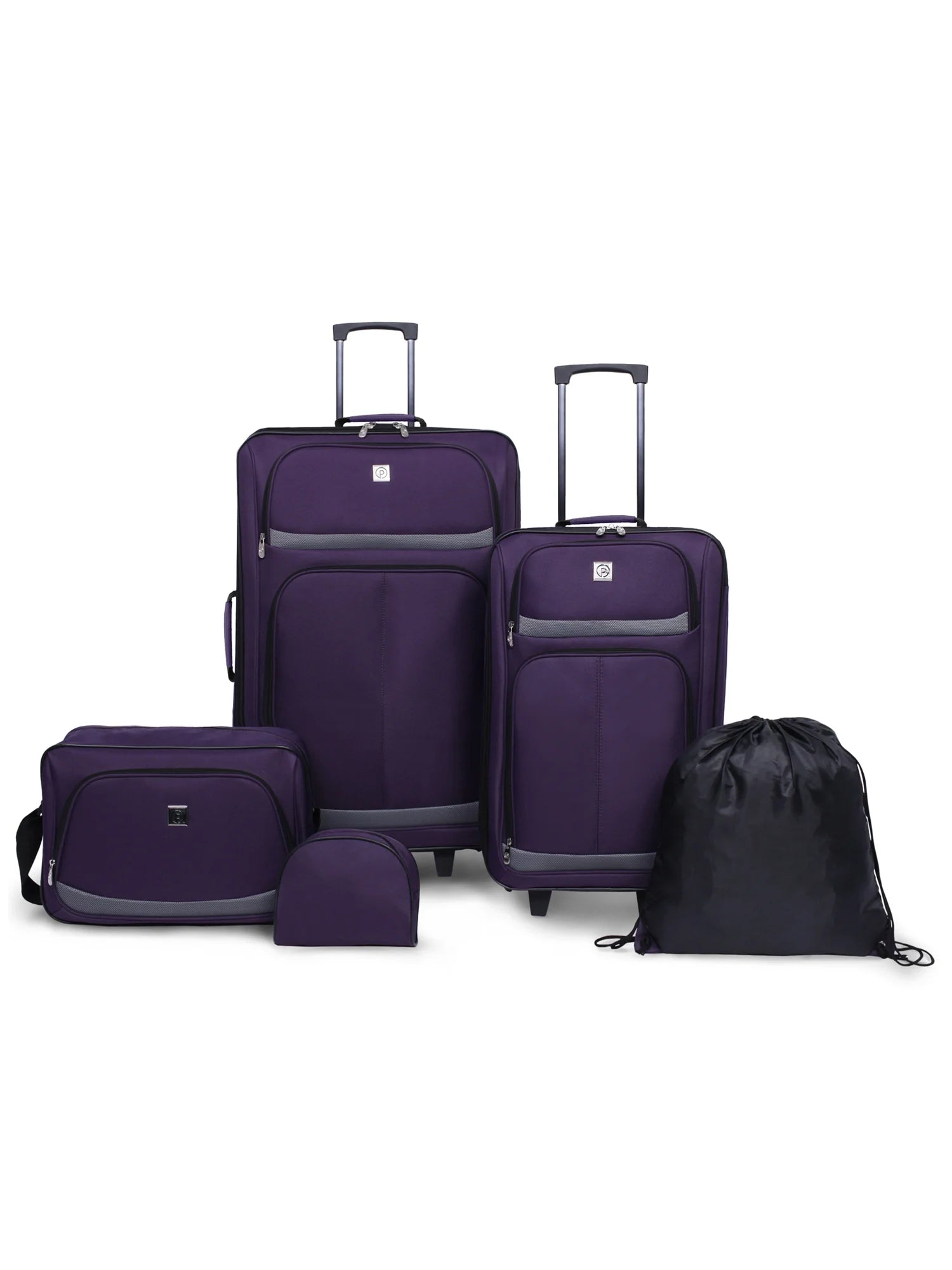 Protege 5 Piece Luggage Set, Includes Check, Carry-on Size, Tote, Toiletry Bag and Cinch Bag, Purple