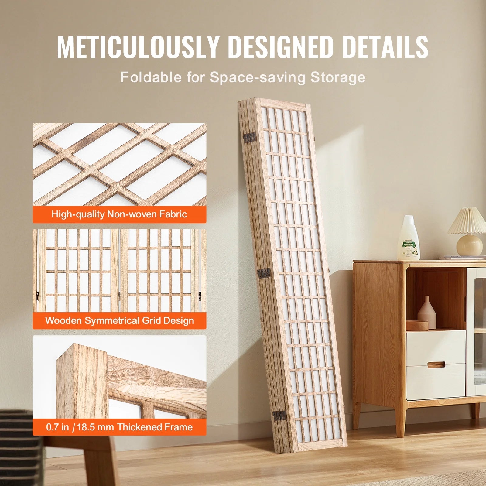KFFKFF Space Separator, 6-Panel Oriental Style Room Separator, Wooden Foldable Indoor Privacy Barrier, Oriental Style Portable Decorative Panels, Ideal for Home Office, Dining Area & Sleeping