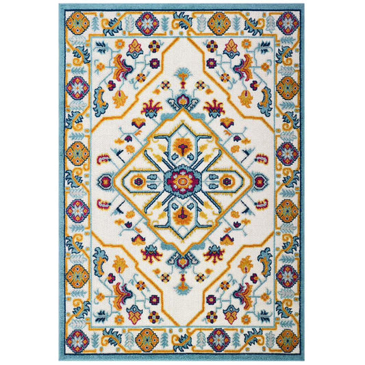 Modway Reflect Freesia Distressed Floral Vintage Medallion 5x8 Indoor and Outdoor Area Rug in Multicolored