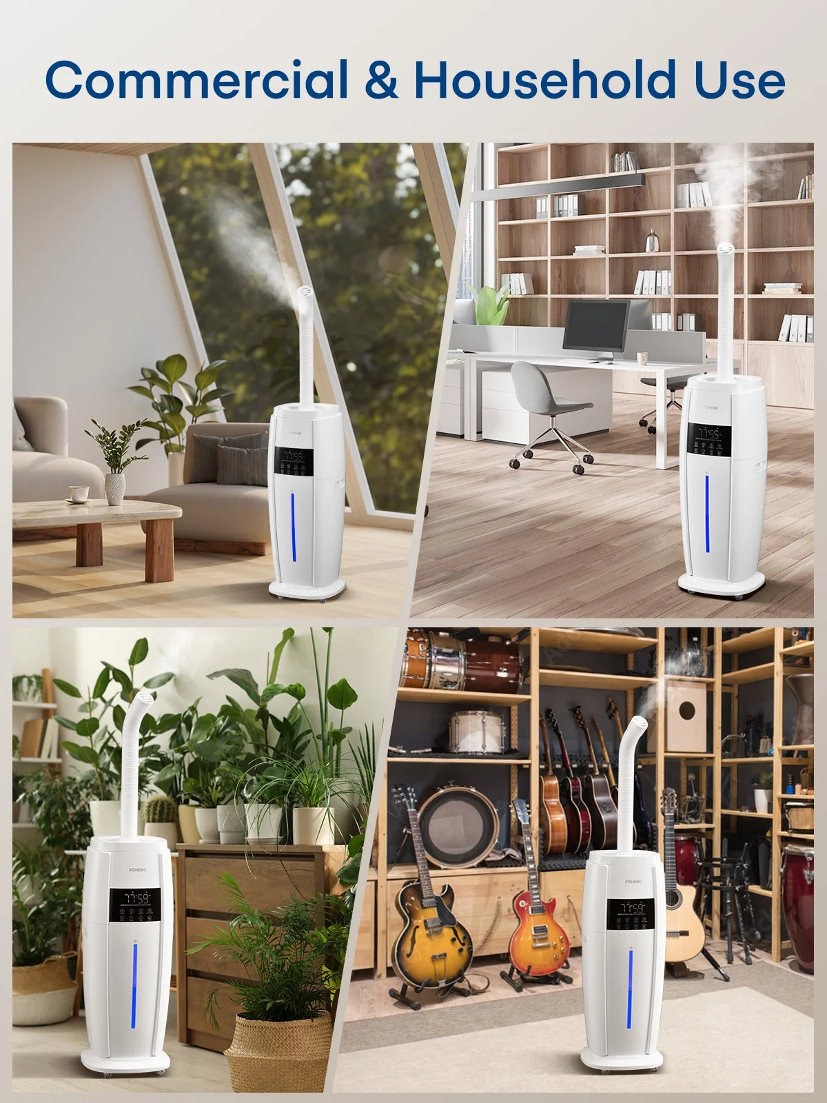 FOHERE 4.8Gal/18L Humidifier Large Room, Easy Top Fill Cool Mist Tower Humidifiers Quiet for Home, Plants, Commercial, Whole House Cover up to 1500ft2, with Smart Sensor, Remote, 5 Speeds, White