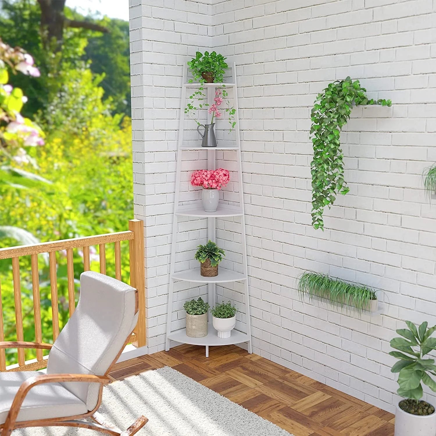 Hassch 5-Tier Industrial Corner Bookcase 70" Wood Ladder Shelf Rustic Bamboo Stand for Living Room, Kitchen, Home Office, White